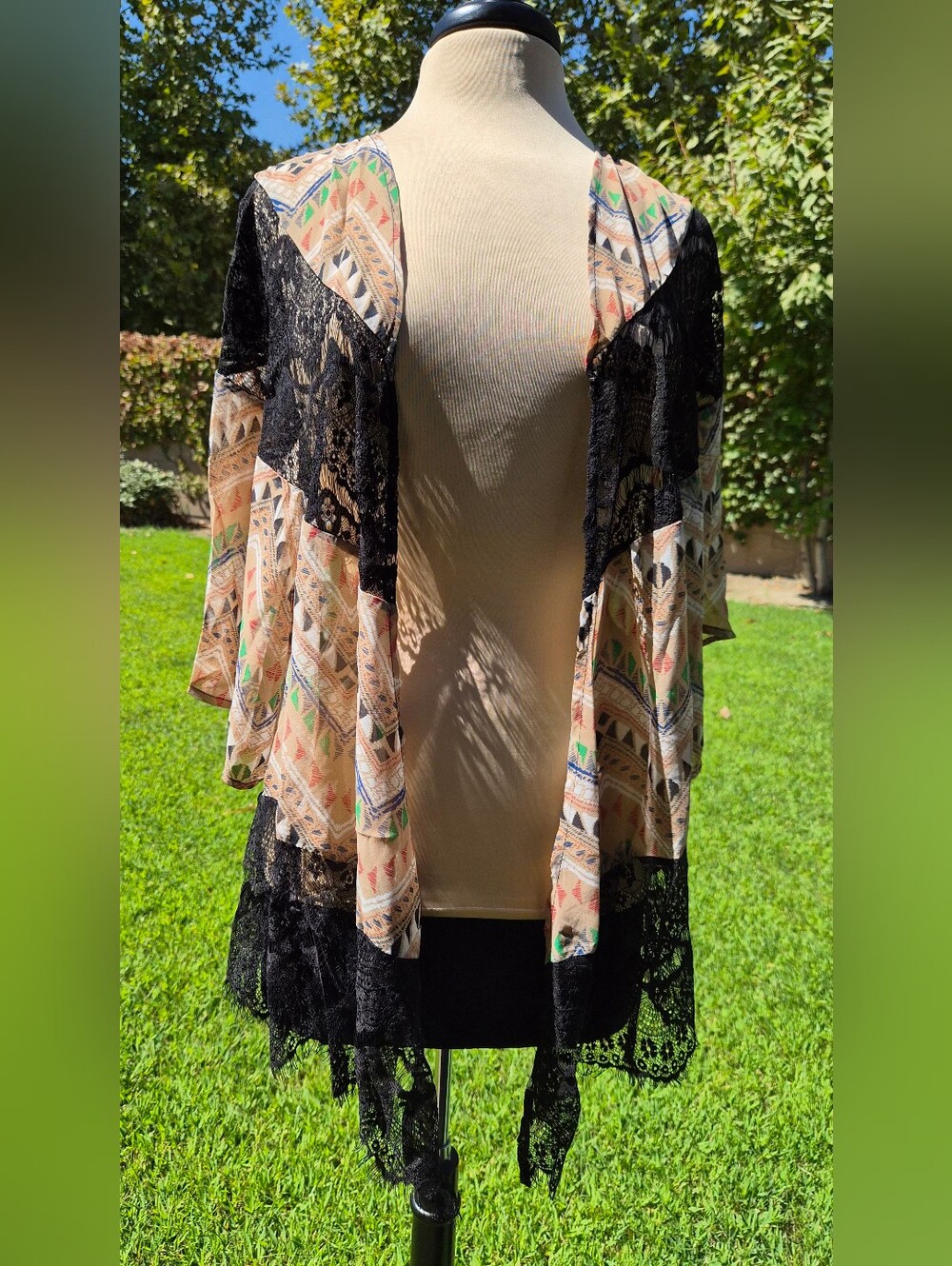 Ryu Black Lace & Multicolor Aztec Print Kimono #0258